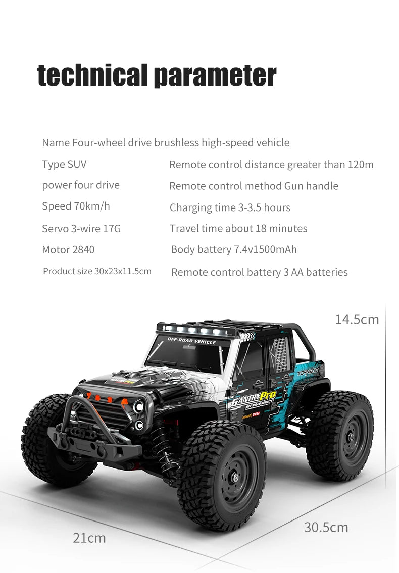 Teeggi 1:16 High-Speed RC Car - 70km/h 4WD Off-Road Drift Truck with LED Lights