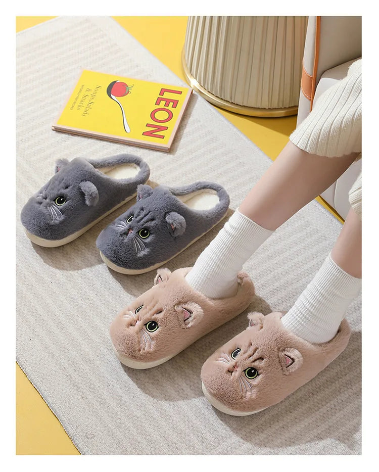 Fuzzy Cat Slippers - Warm Plush Indoor House Shoes