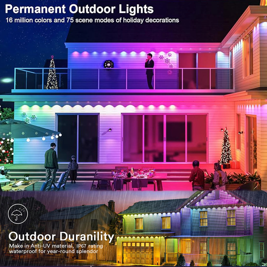 LED Permanent Outdoor Lights IP65 Waterproof RGBIC Eave Lights With Remote for Christmas New Year Roof DIY Holiday String Light