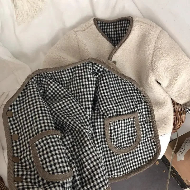 Kids Reversible Plaid Winter Jacket - Warm Plush Coat for Girls