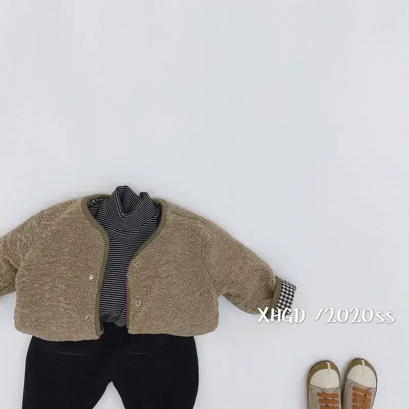 Kids Reversible Plaid Winter Jacket - Warm Plush Coat for Girls