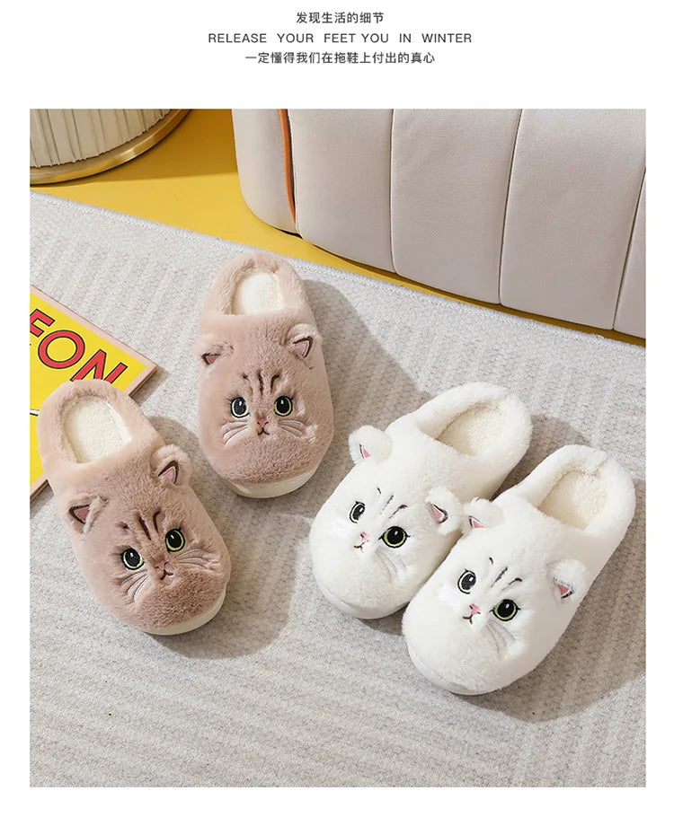 Fuzzy Cat Slippers - Warm Plush Indoor House Shoes