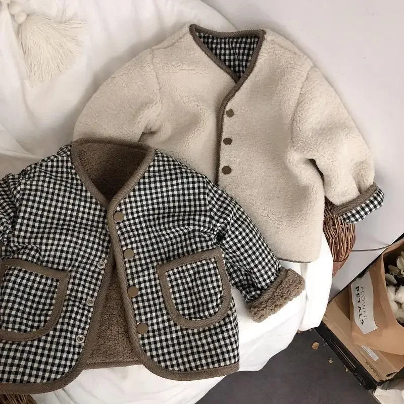 Kids Reversible Plaid Winter Jacket - Warm Plush Coat for Girls