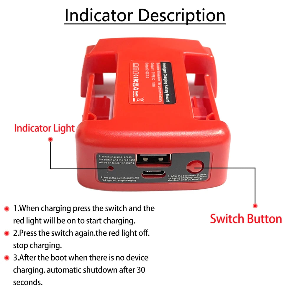 Portable Charger Adapter Compatible For Makita For Dewalt For Milwaukee 18V Li-ion with USB Type-C Battery Holder Fast Charging