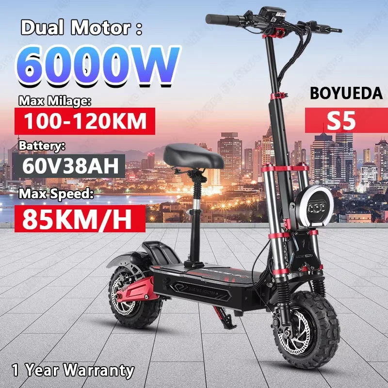 Boyueda S5 Electric Scooter - 6000W Motor, 85km/h High-Speed Off-Road E-Scooter