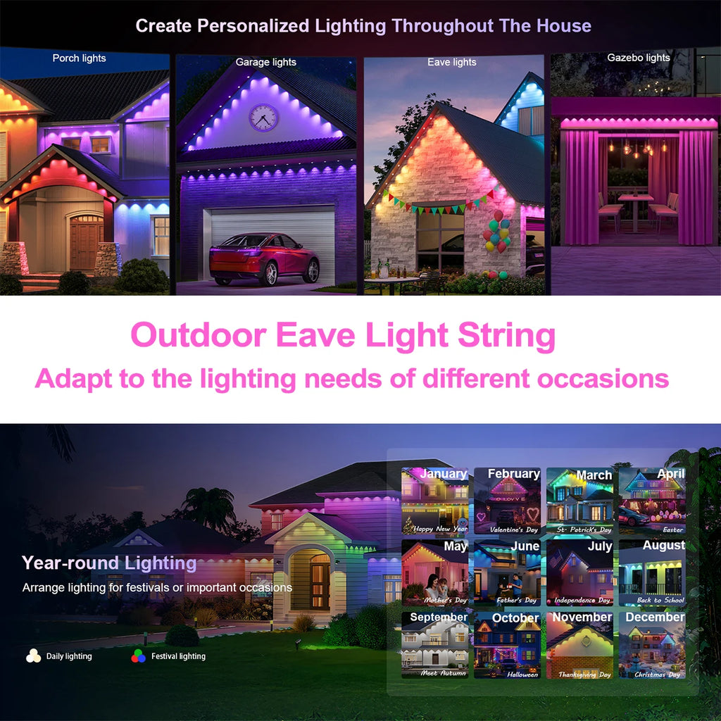 LED Permanent Outdoor Lights IP65 Waterproof RGBIC Eave Lights With Remote for Christmas New Year Roof DIY Holiday String Light