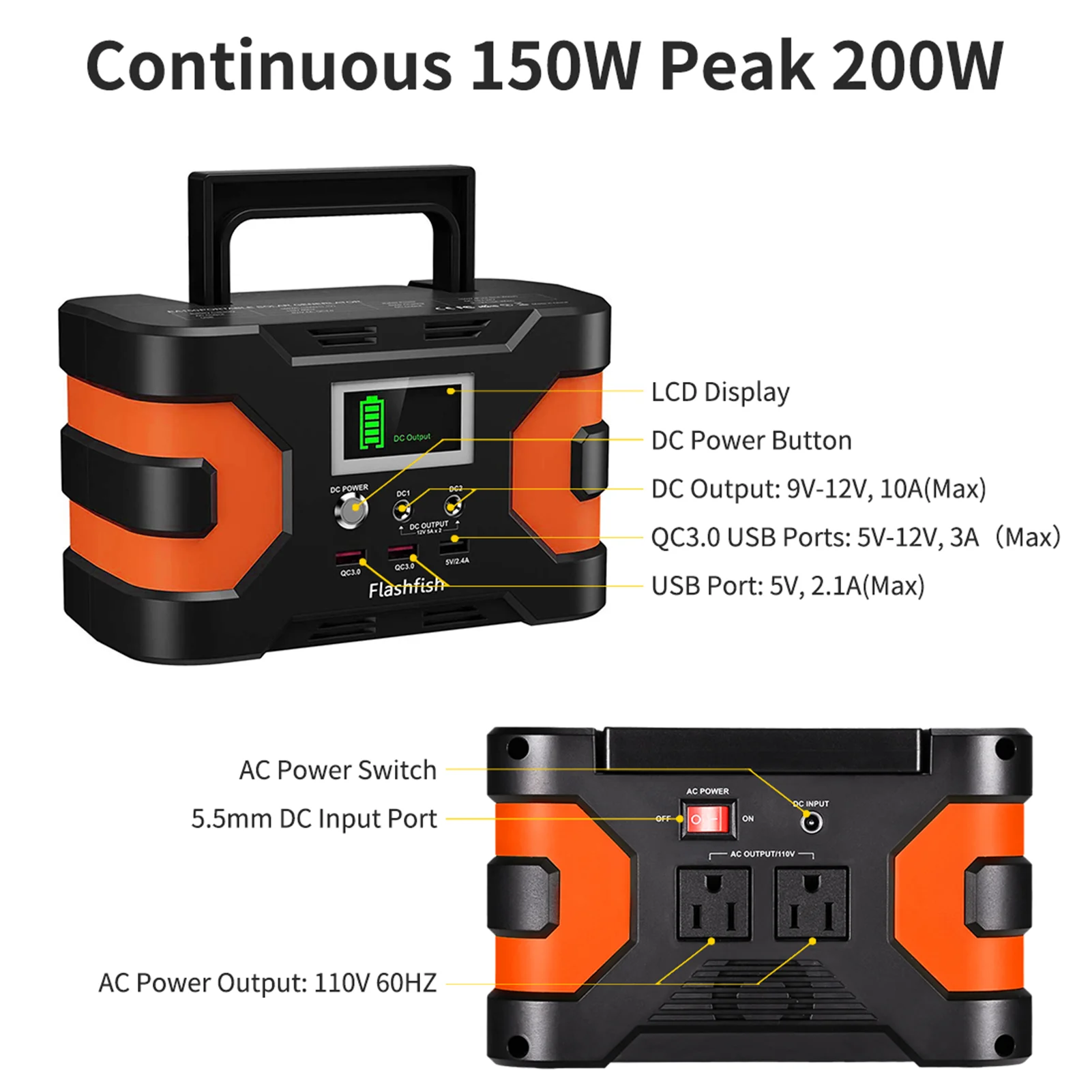 Flashfish 166Wh Portable Power Station - 150W Solar Generator with 3 Charging Methods