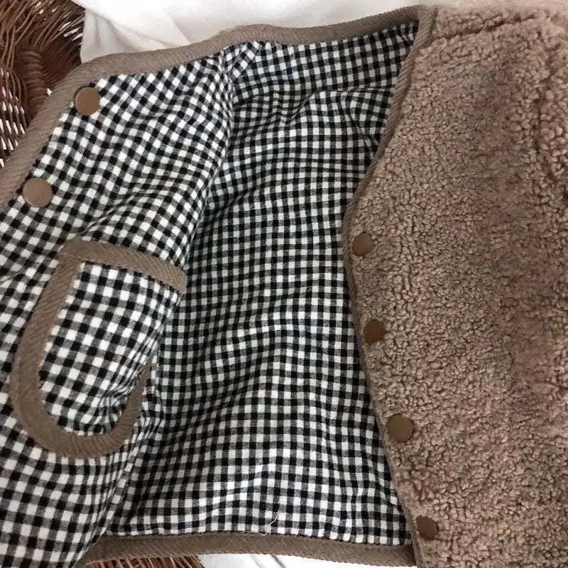 Kids Reversible Plaid Winter Jacket - Warm Plush Coat for Girls