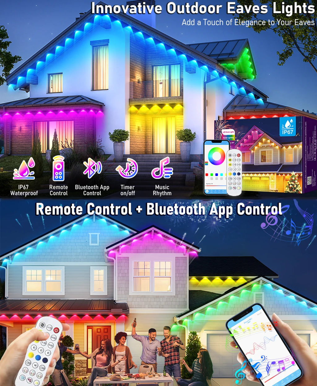 LED Permanent Outdoor Lights IP65 Waterproof RGBIC Eave Lights With Remote for Christmas New Year Roof DIY Holiday String Light