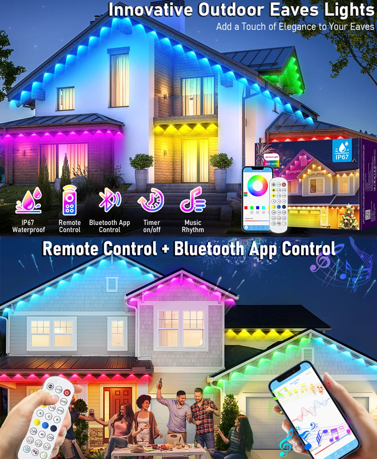 LED Permanent Outdoor Lights IP65 Waterproof RGBIC Eave Lights With Remote for Christmas New Year Roof DIY Holiday String Light