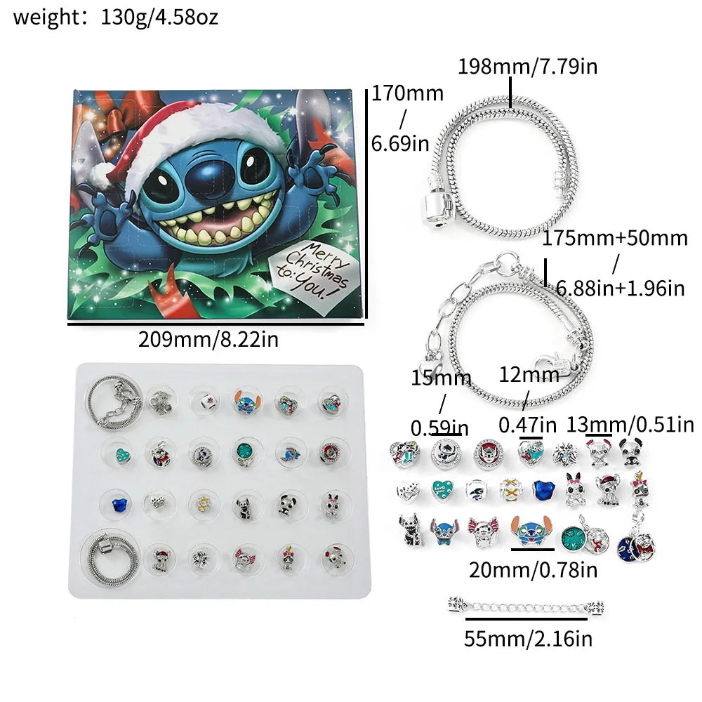 Disney Stitch Mickey Mouse Christmas Advent Calendar Bracelets 24 Days Countdown Calendar Diy Jewelry Making Cute Christmas Gift