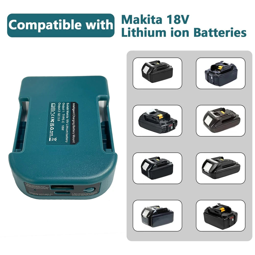 Portable Charger Adapter Compatible For Makita For Dewalt For Milwaukee 18V Li-ion with USB Type-C Battery Holder Fast Charging