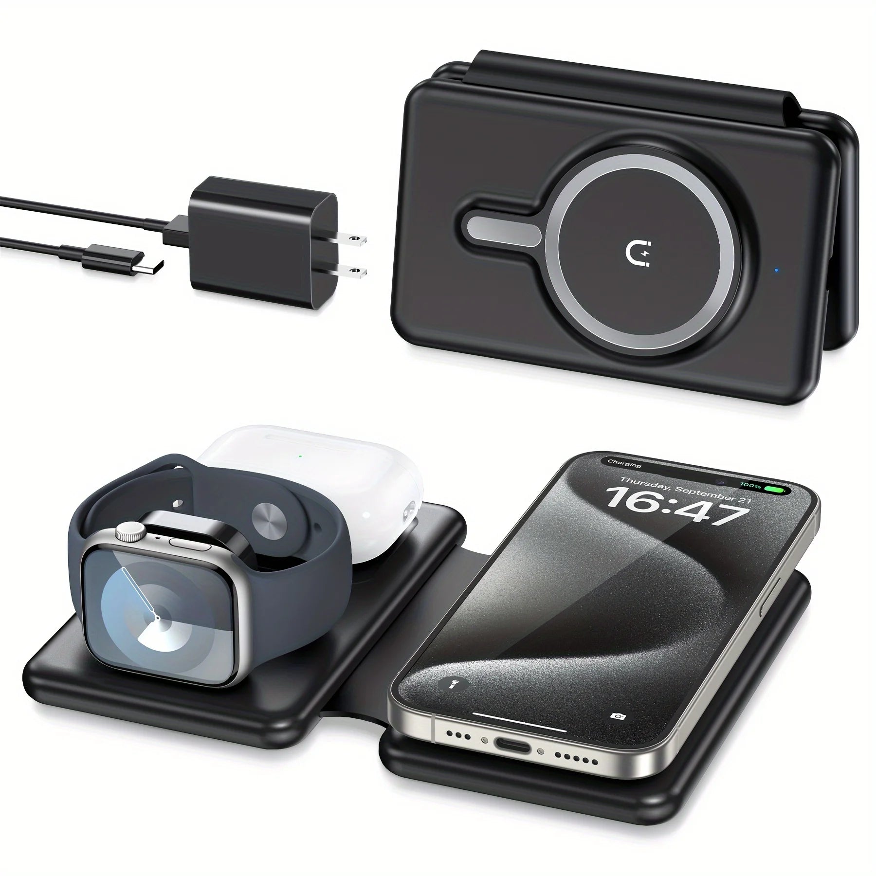 3-in-1 Wireless Charging Station - Foldable Travel Charger for iPhone, Apple Watch & AirPods