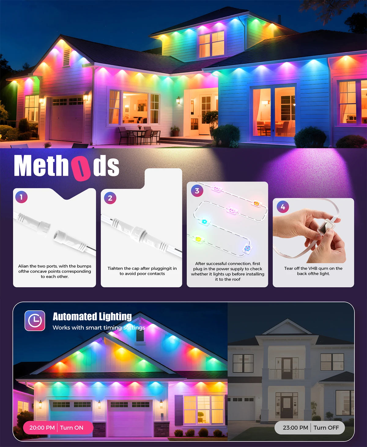 LED Permanent Outdoor Lights IP65 Waterproof RGBIC Eave Lights With Remote for Christmas New Year Roof DIY Holiday String Light